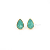 Chrysoprase Stud Earring, Green Chrysoprase 7x11mm Flat Pear Gemstone Studs, Micron Gold Plated Studs, 925 Sterling Silver Stud Earrings